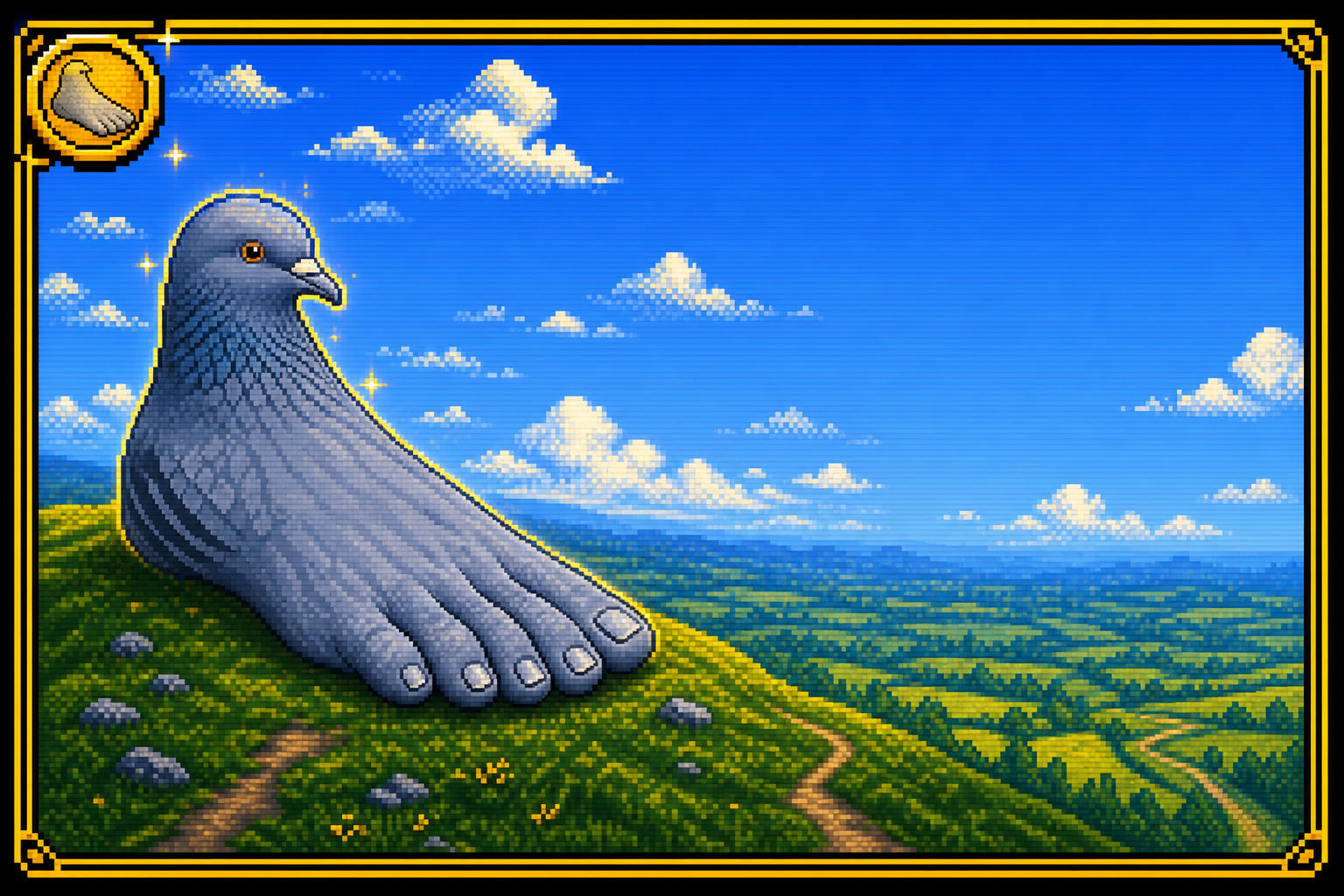 Wide pixel-art landscape scene, gold-framed, where the specimen was logged